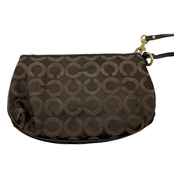 Coach Madison Brown Logo Jacquard & Leather Wristlet Mini Bag 41988 Zipper Top - Picture 2 of 5
